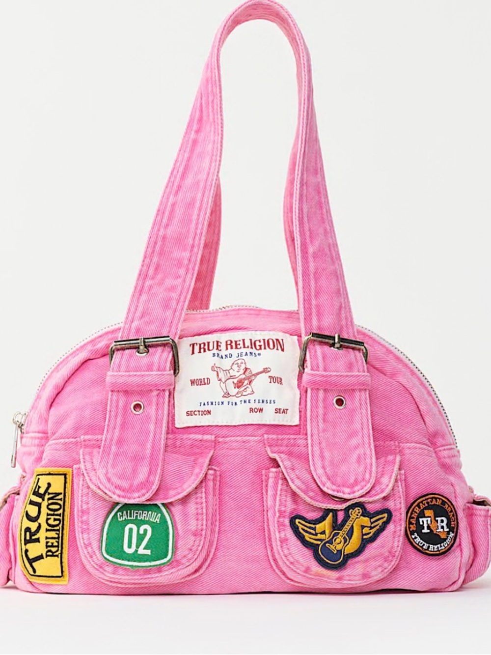 True Religion Pink Patchwork Shoulder Bag with Badge Accents